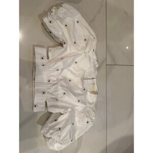 Altar’d State White puff sleeve crop top with blue embroidered Flowers Size XS